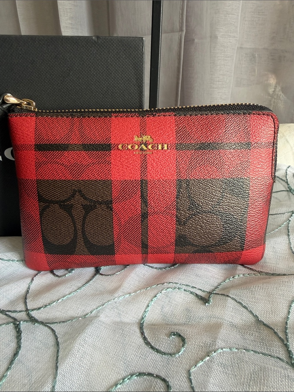 Coach Red Plaid Signature Zip Wristlet